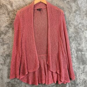 Eileen Fisher Airy Linen Grain Rib Knit Open Peplum Cardigan Sweater L Pink